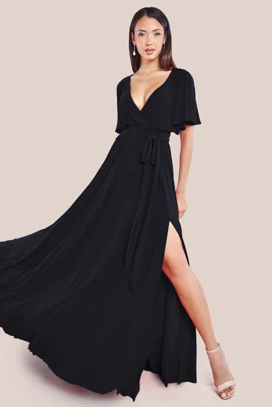 Wrap Front Maxi With Flutter Sleeves - Black by Goddiva sold by Goddiva