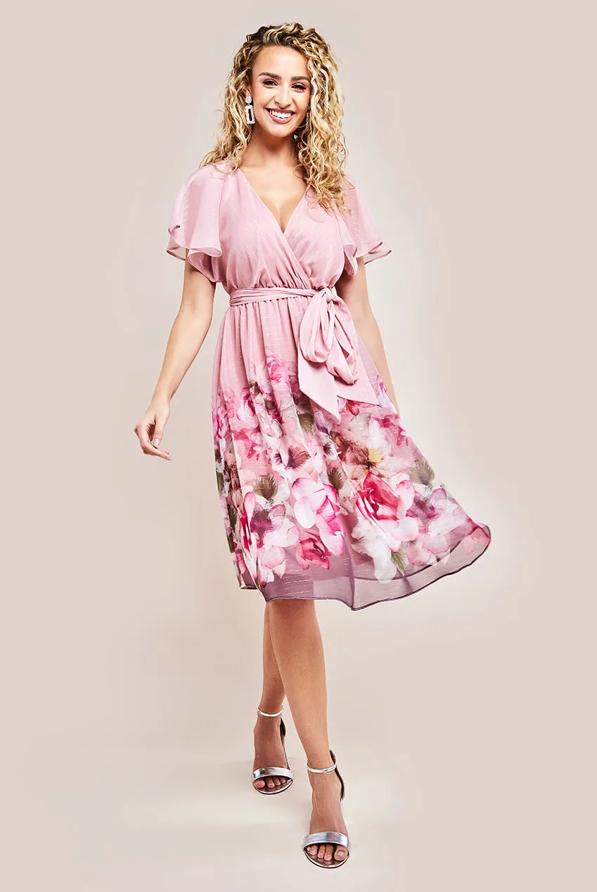 Chiffon Lurex Floral Border Print Midi Dress - Blush by Goddiva sold by Goddiva