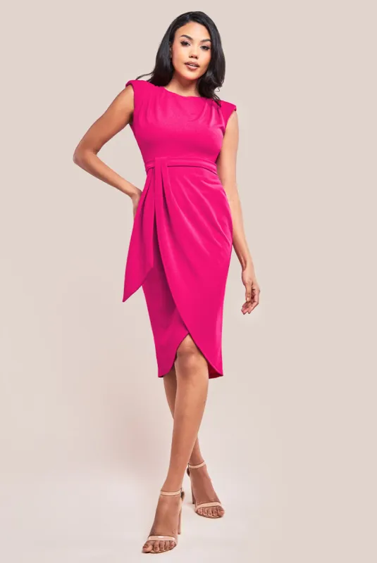 Sleeveless Asymmetric Wrap Midi Dress - Hot Pink by Goddiva sold by Goddiva
