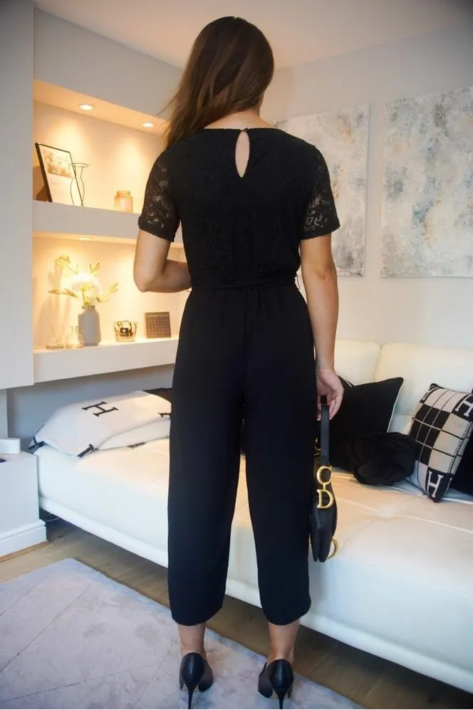 Double Second Black Lace Wrap Wide Leg Jumpsuit sold by Goddiva product image thumbnail 4