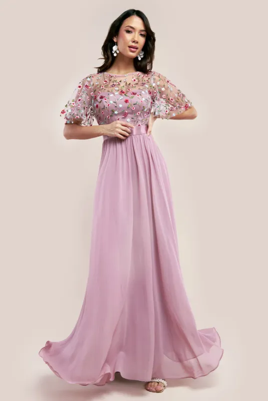 Embroidered Top Flutter Sleeve Maxi - Rosepink by Goddiva sold by Goddiva