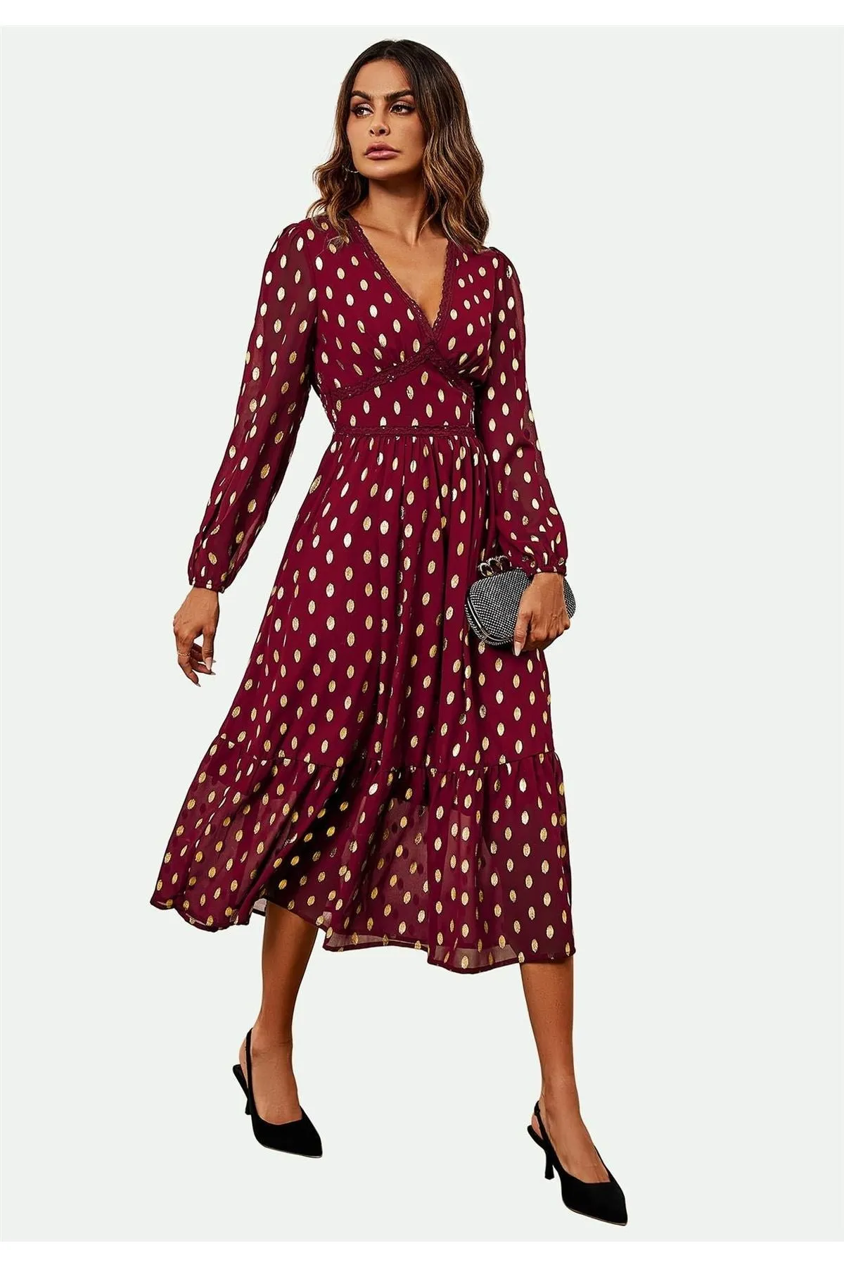 Lace Trim Foil Long Sleeve Maxi Dress In Wine by FS Collection sold by Goddiva product image thumbnail 3