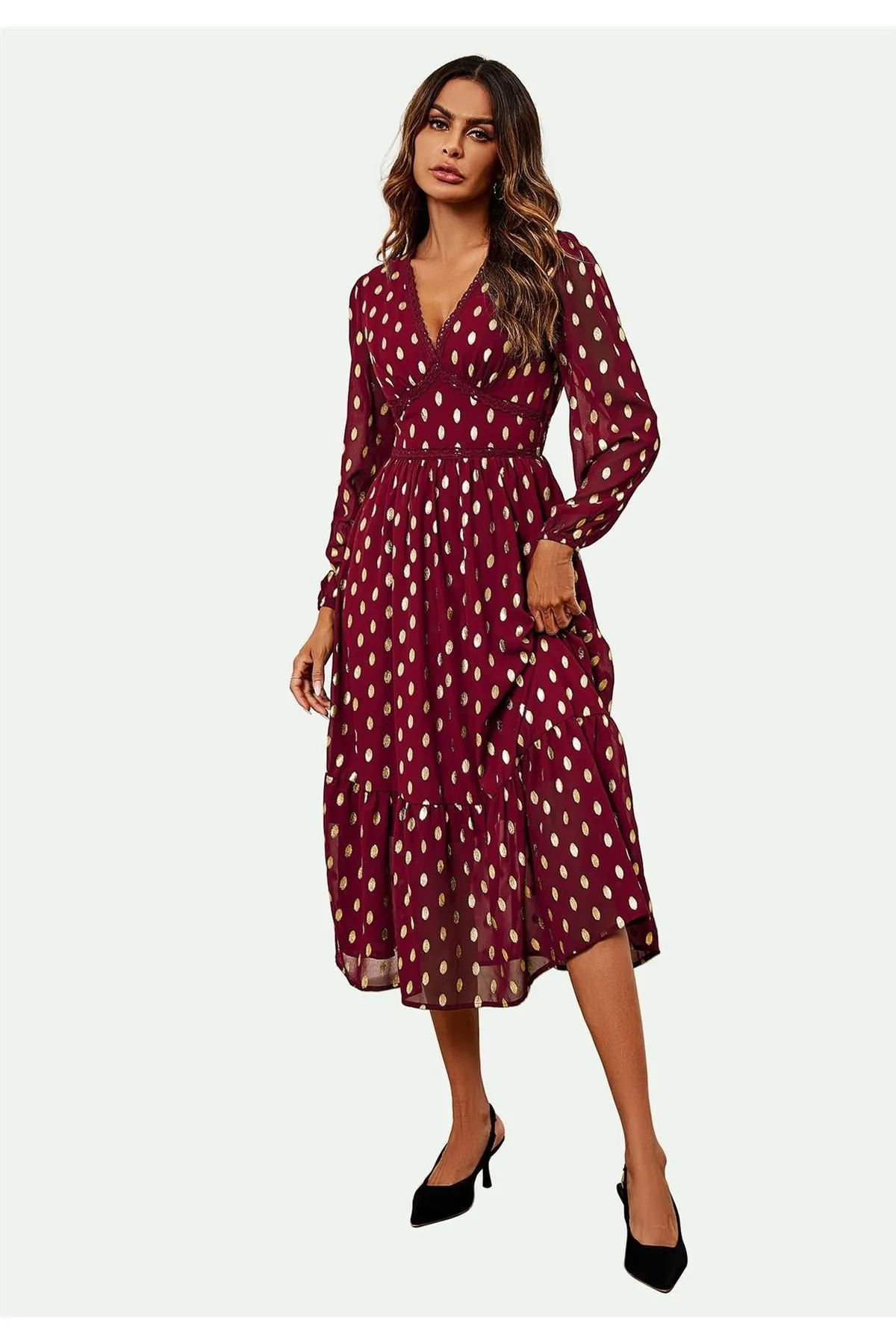 Lace Trim Foil Long Sleeve Maxi Dress In Wine by FS Collection sold by Goddiva