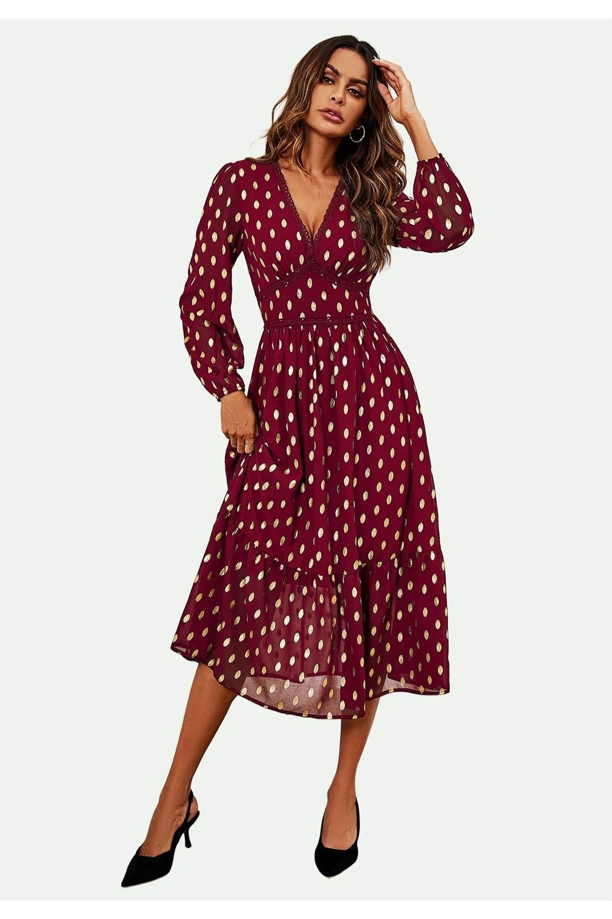 Lace Trim Foil Long Sleeve Maxi Dress In Wine by FS Collection sold by Goddiva product image thumbnail 5