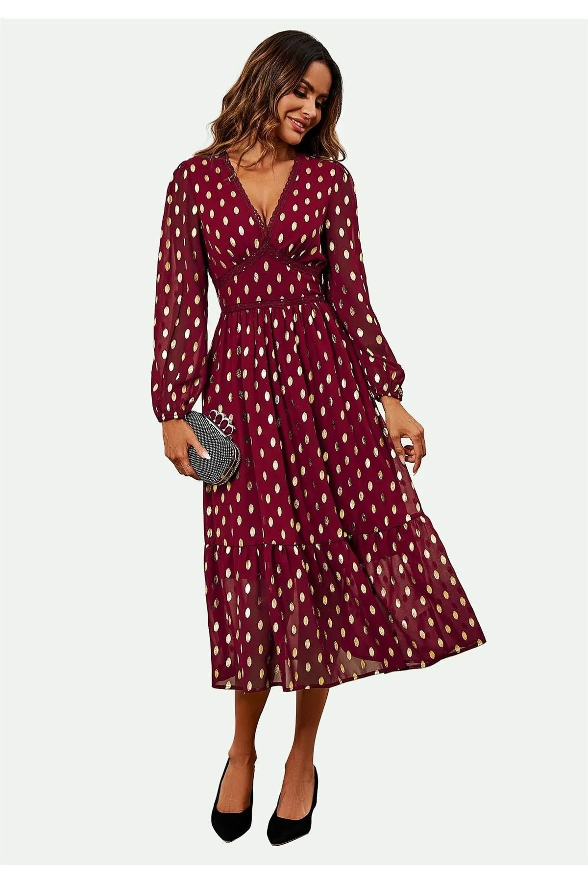 Lace Trim Foil Long Sleeve Maxi Dress In Wine by FS Collection sold by Goddiva product image thumbnail 2