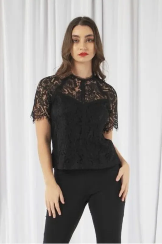 Black Raglan Sleeve Lace Top by Double Second sold by Goddiva