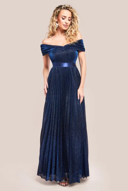 Bardot Pleated Skirt Maxi Dress - Navy by Goddiva sold by Goddiva