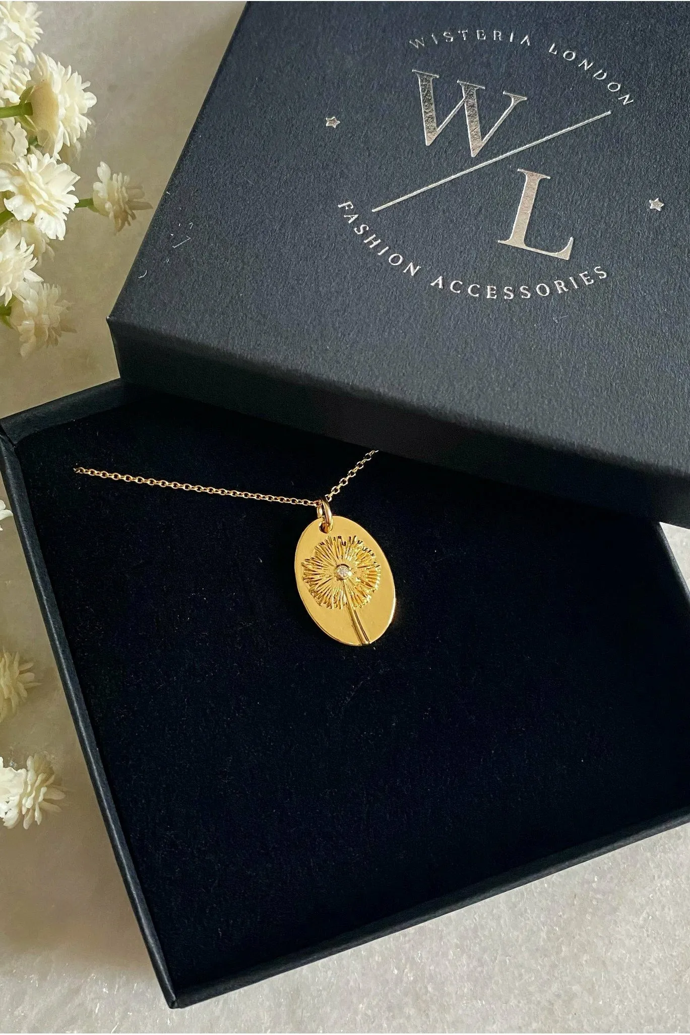 Wisteria London Gold Oval Dandelion Necklace sold by Goddiva product image thumbnail 3