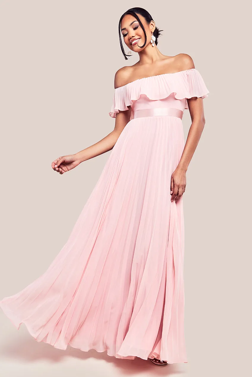 Pleated Chiffon Off Shoulder Maxi Dress - Blush by Goddiva sold by Goddiva