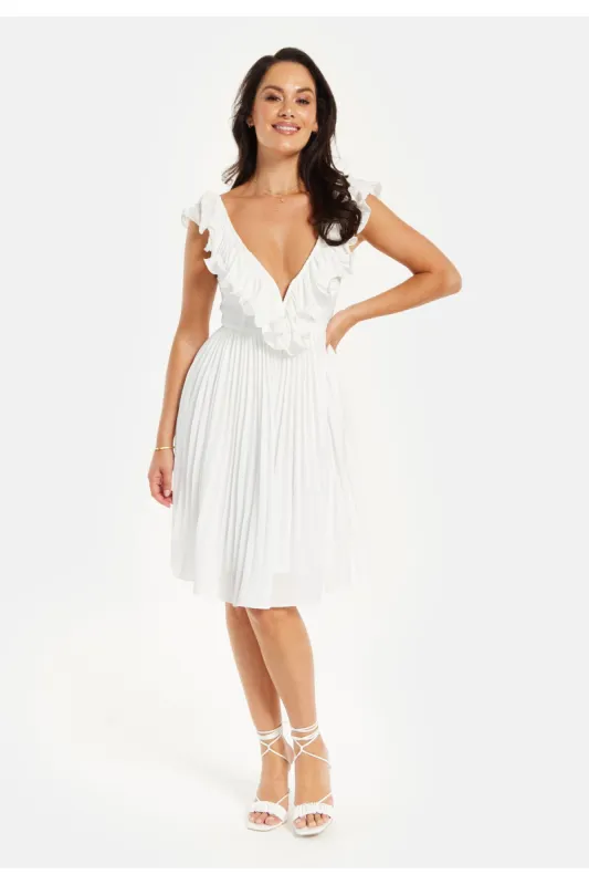 Pleated Frill Detail V Neck Mini Dress In White by Liquorish sold by Goddiva