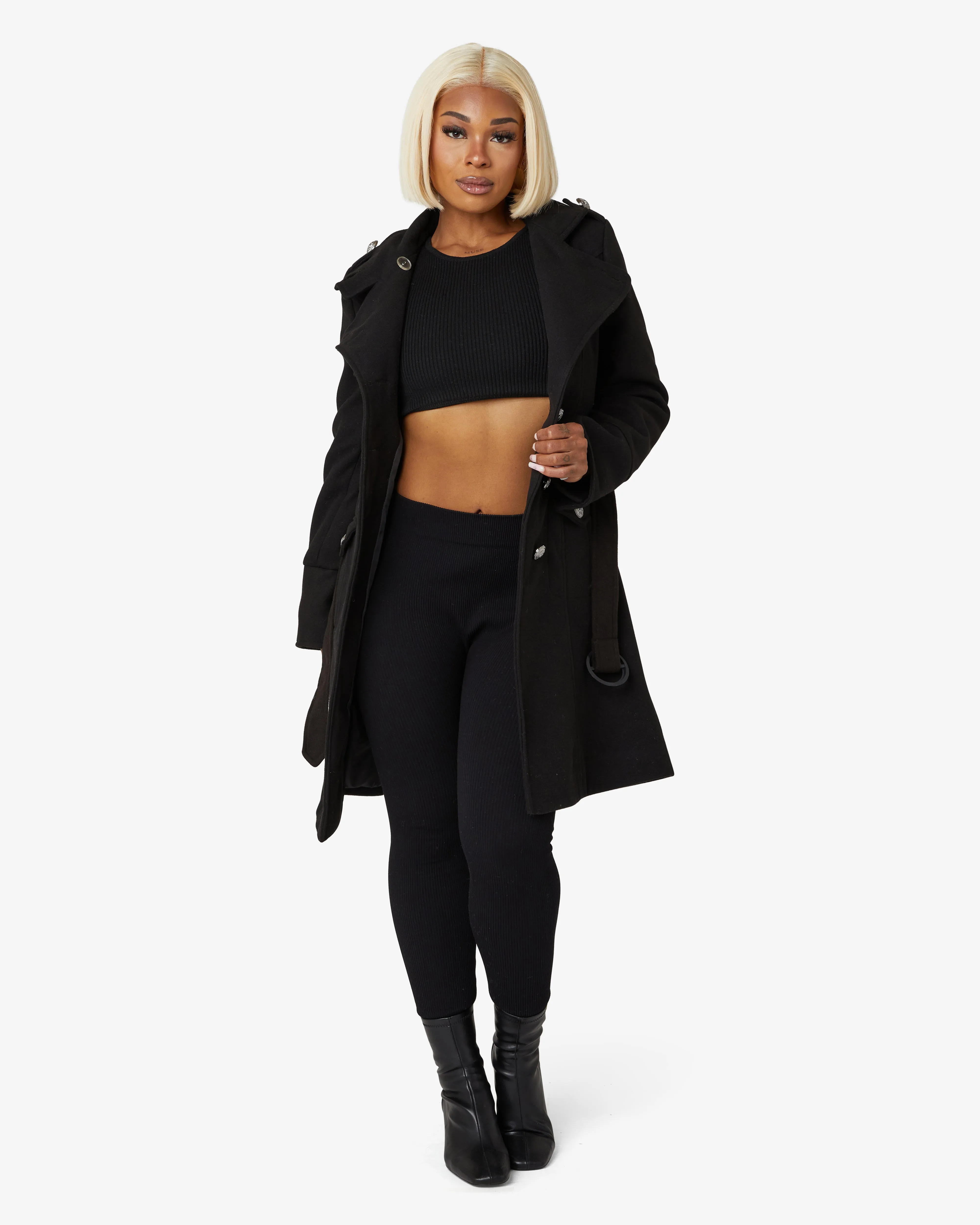 De La Creme Fashions Naomi High Neck Military Belted Coat sold by Goddiva product image thumbnail 5