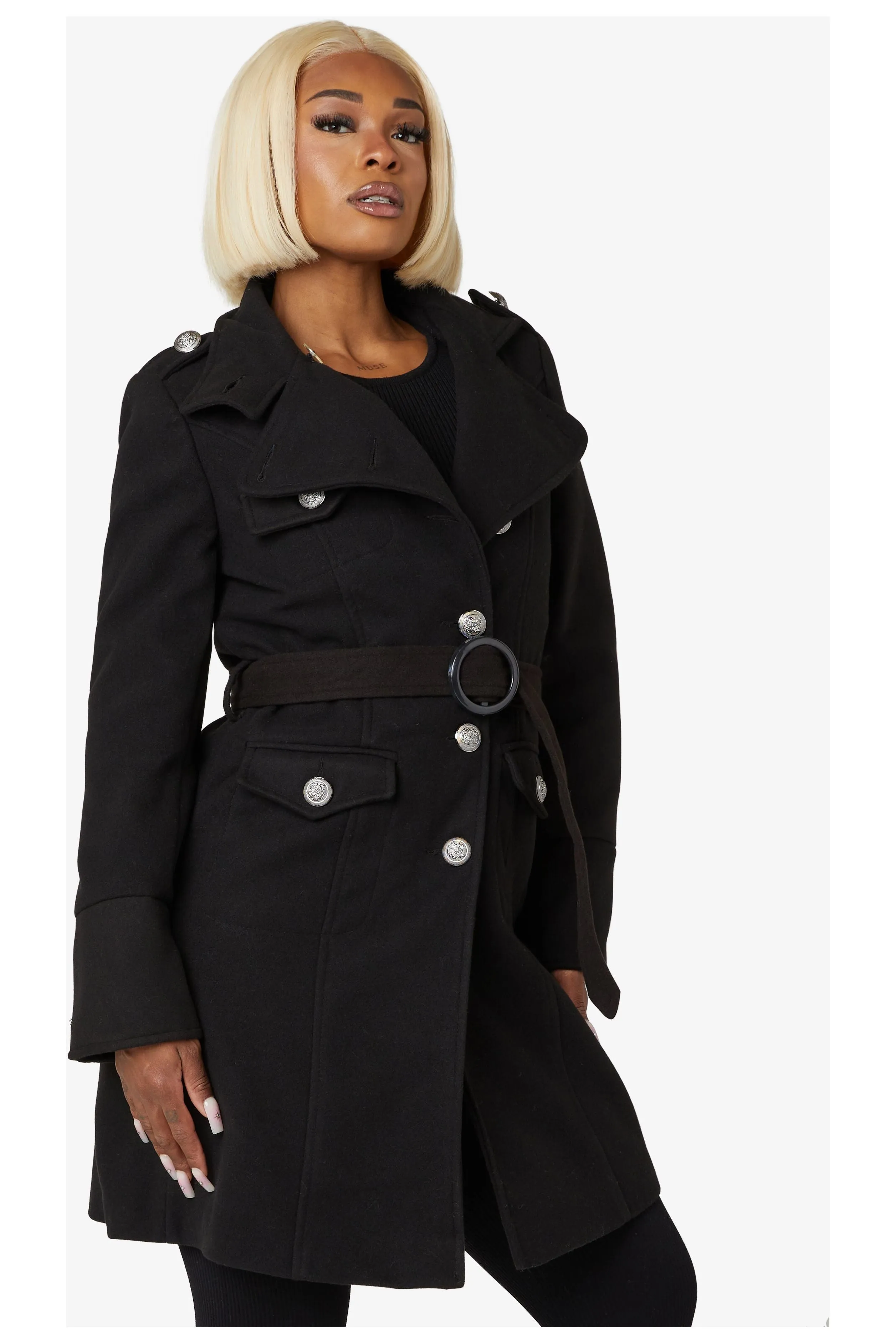 De La Creme Fashions Naomi High Neck Military Belted Coat sold by Goddiva product image thumbnail 2