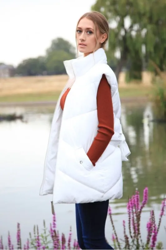 White Belted Gilet Puffer by Double Second sold by Goddiva