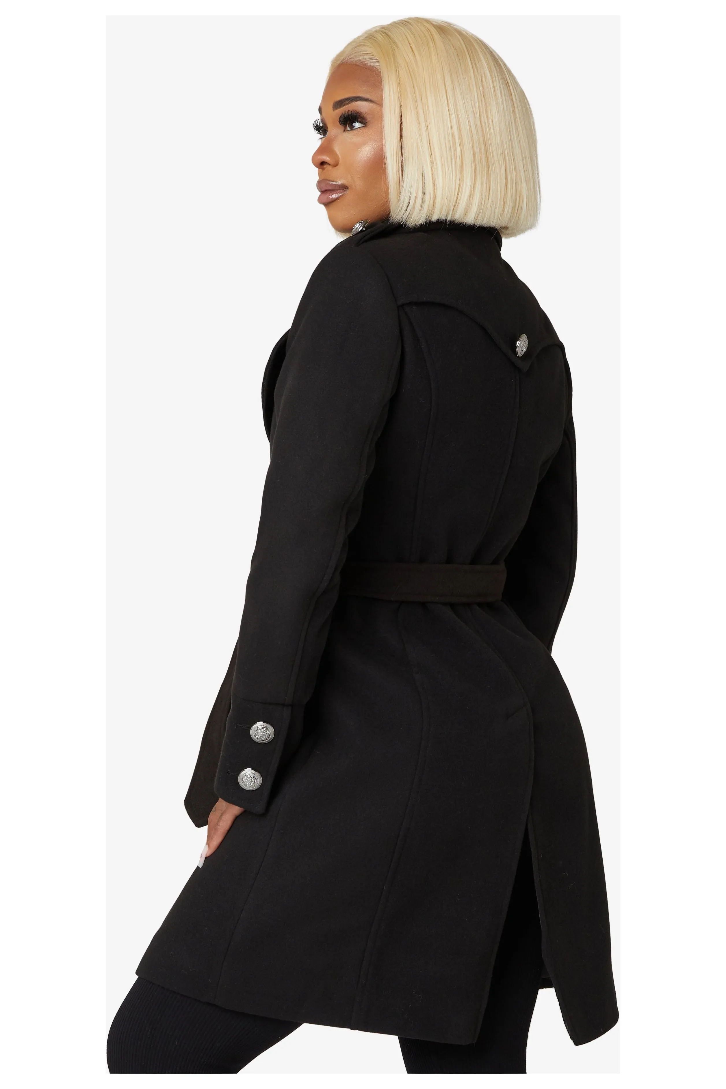 De La Creme Fashions Naomi High Neck Military Belted Coat sold by Goddiva product image thumbnail 3