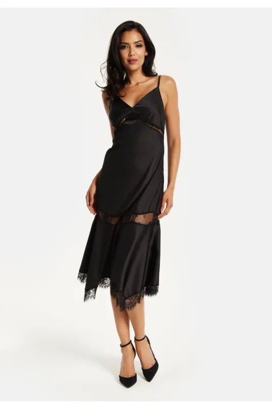 Fine Lace Detail Strip Midi Dress In Black by Liquorish sold by Goddiva
