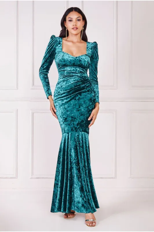 Goddiva Flared Hem Ice Velvet Maxi - Emerald Green sold by Goddiva
