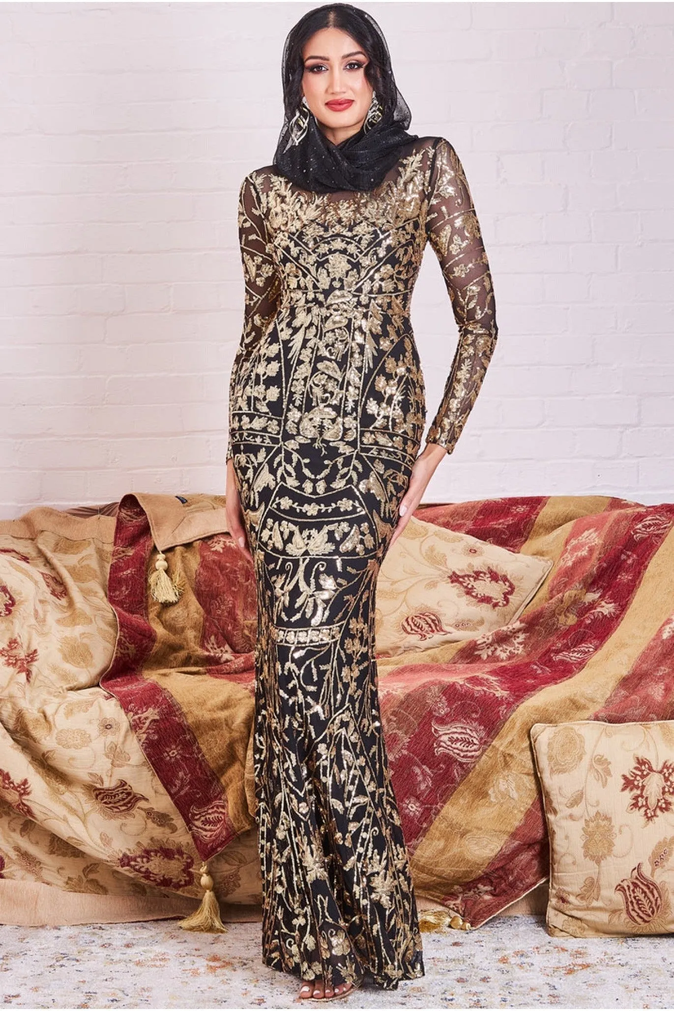 Goddiva Modesty Sequin Embroidered Maxi Dress - Gold sold by Goddiva
