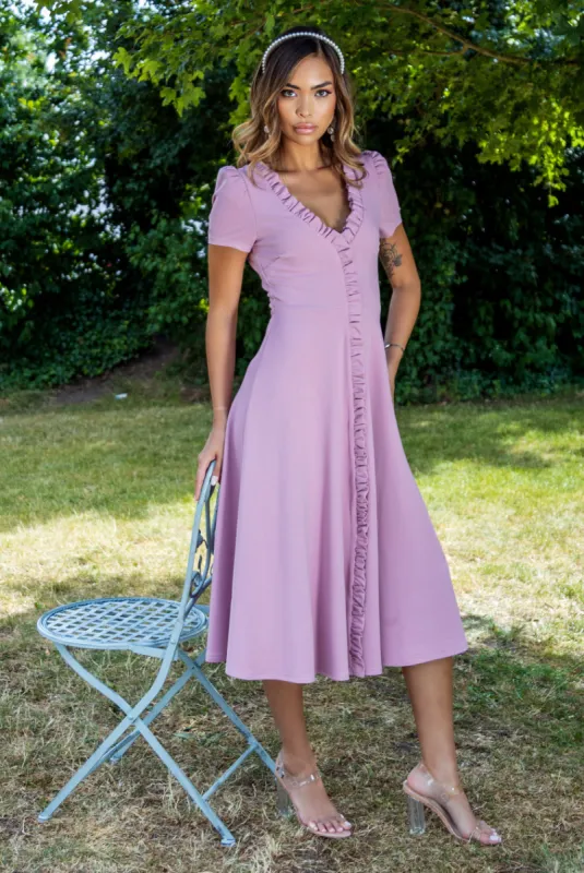 Front Frill Flared Scuba Midi Dress - Rose Pink by Goddiva sold by Goddiva