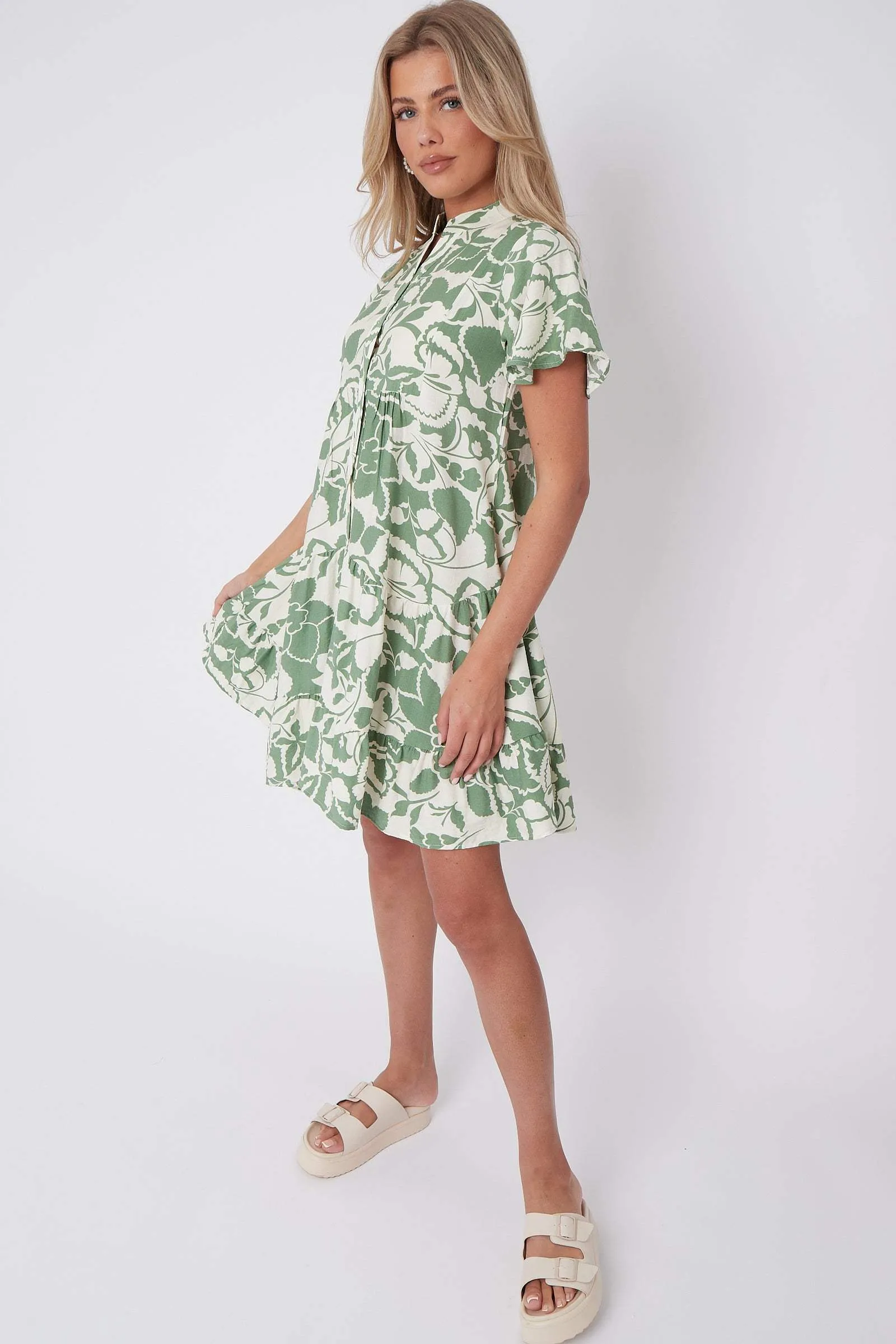 LOVE SUNSHINE Green Paisley Floral Print Short Sleeve Flared Mini Dress sold by Goddiva product image thumbnail 5