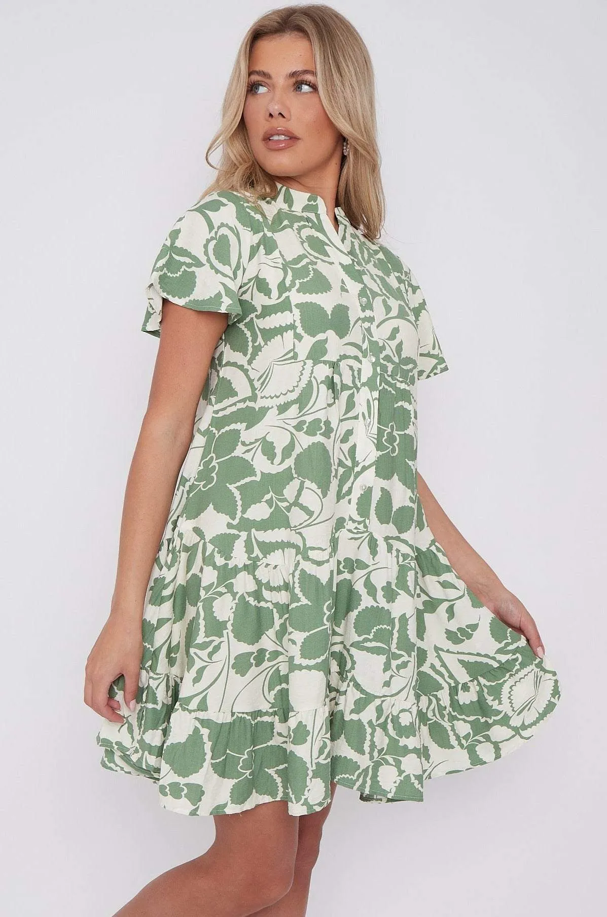 LOVE SUNSHINE Green Paisley Floral Print Short Sleeve Flared Mini Dress sold by Goddiva product image thumbnail 3