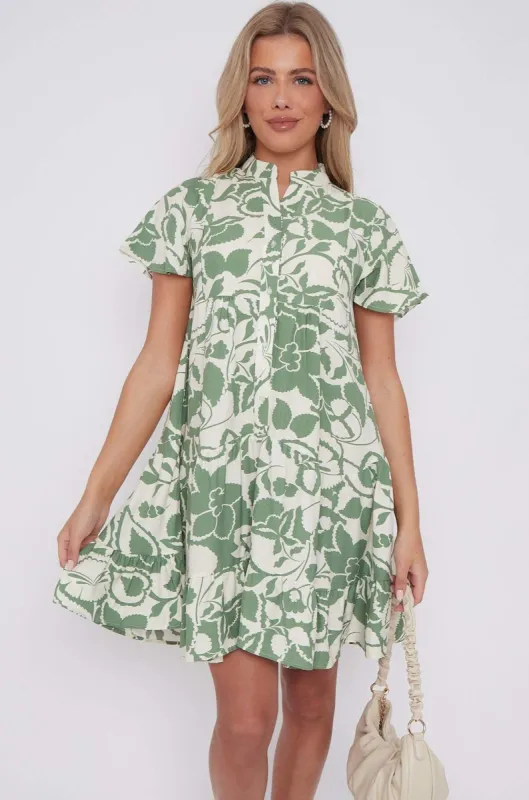 LOVE SUNSHINE Green Paisley Floral Print Short Sleeve Flared Mini Dress sold by Goddiva