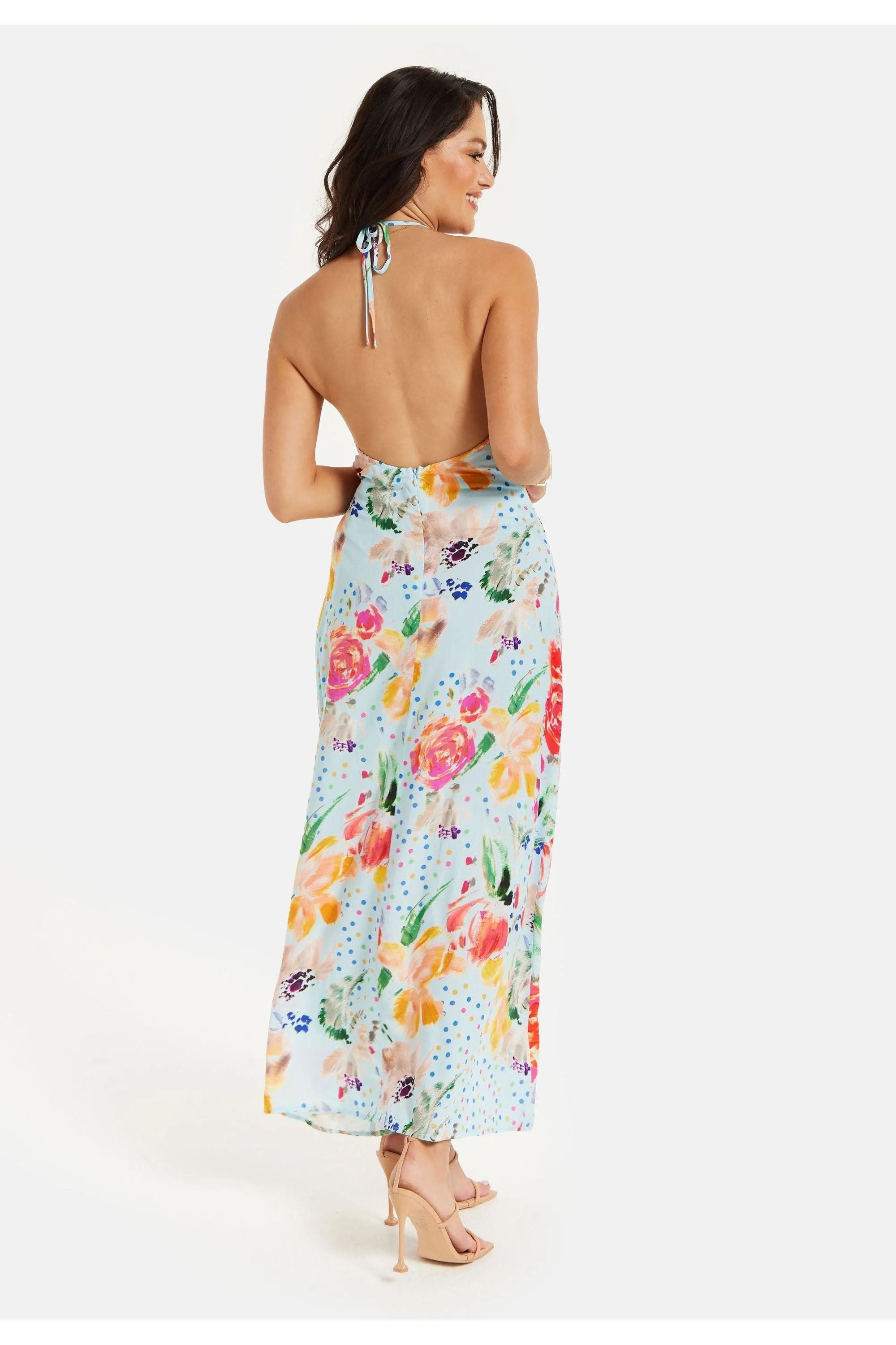 Blue Floral Print Midi Asymmetrical Dress With Open Back by Liquorish sold by Goddiva product image thumbnail 5