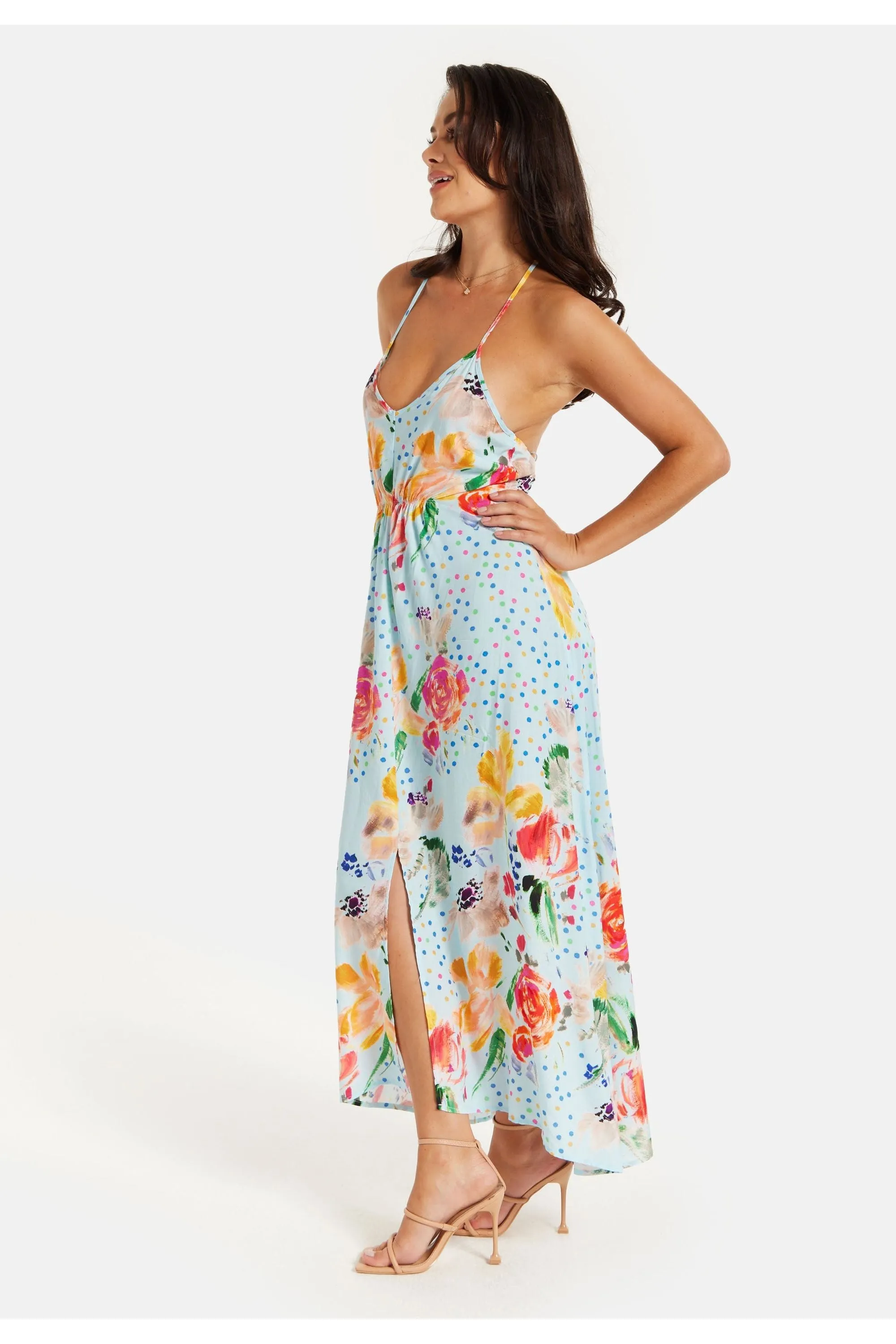 Blue Floral Print Midi Asymmetrical Dress With Open Back by Liquorish sold by Goddiva product image thumbnail 4