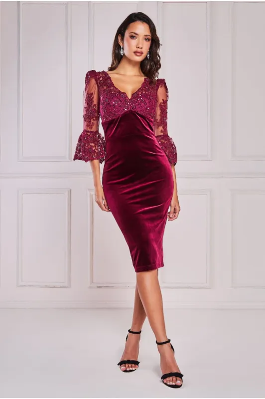 Scalloped Lace & Velvet Midi - Burgundy by Goddiva sold by Goddiva