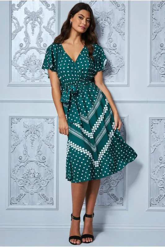 Wrap Style Flutter Sleeve Midi Dress - Emerald Green by Goddiva sold by Goddiva