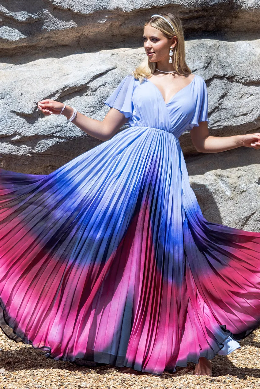 Wavy Ombre A-Line Chiffon Maxi Dress - Blue by Goddiva sold by Goddiva