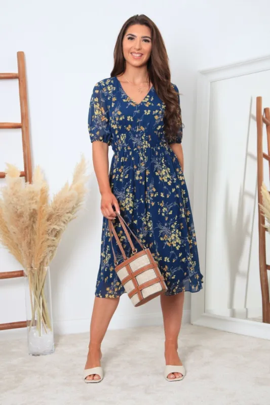 Double Second Navy Chiffon V-Neck Shirred Waist Dress sold by Goddiva