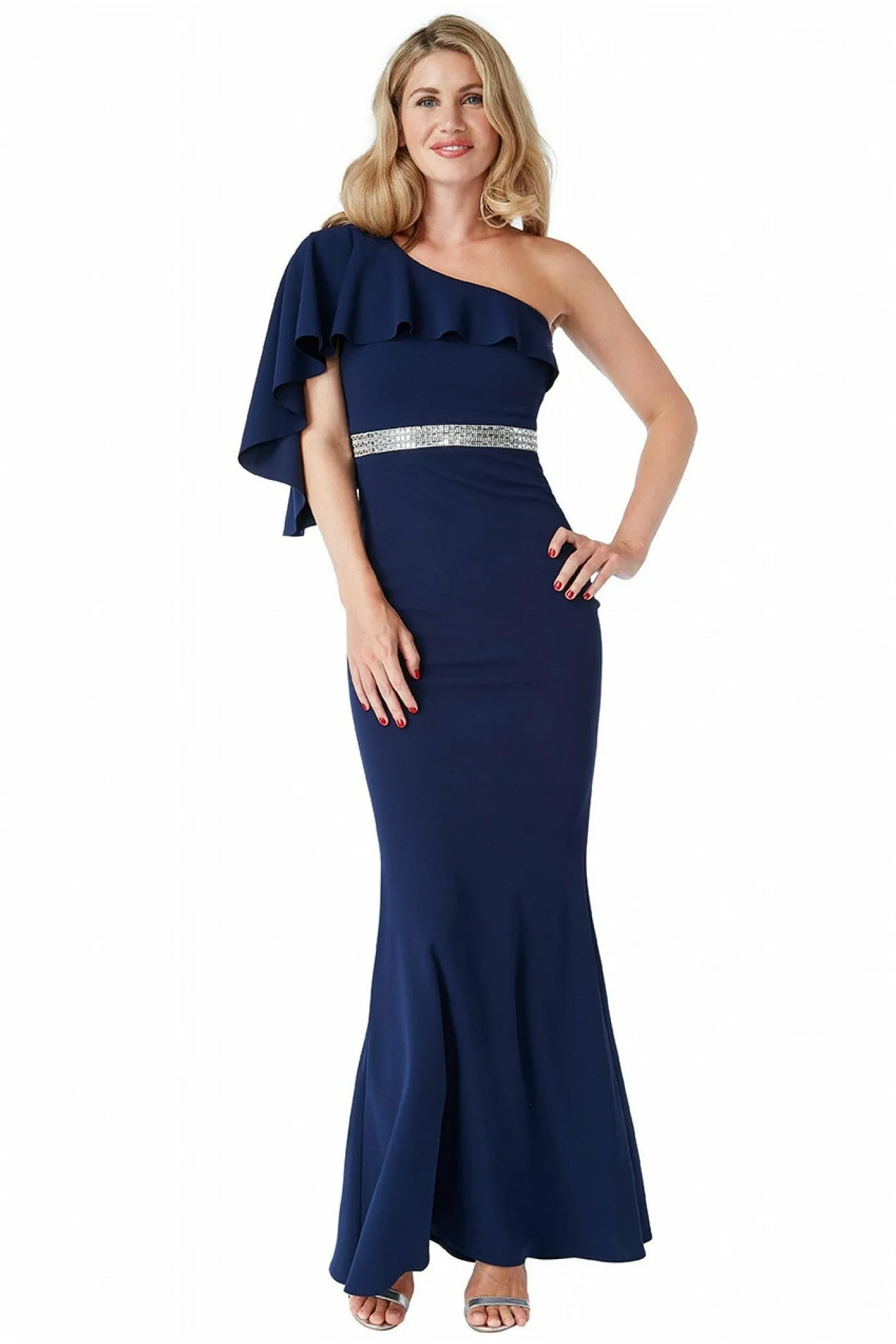 Off The Shoulder Flair Maxi Dress - Navy by Goddiva sold by Goddiva