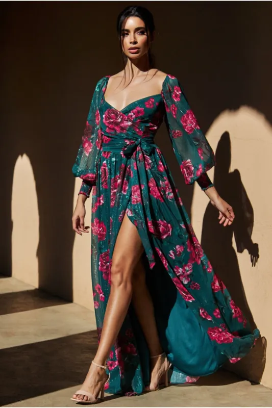 Goddiva Off The Shoulder Wrap Maxi Dress - Green Print sold by Goddiva