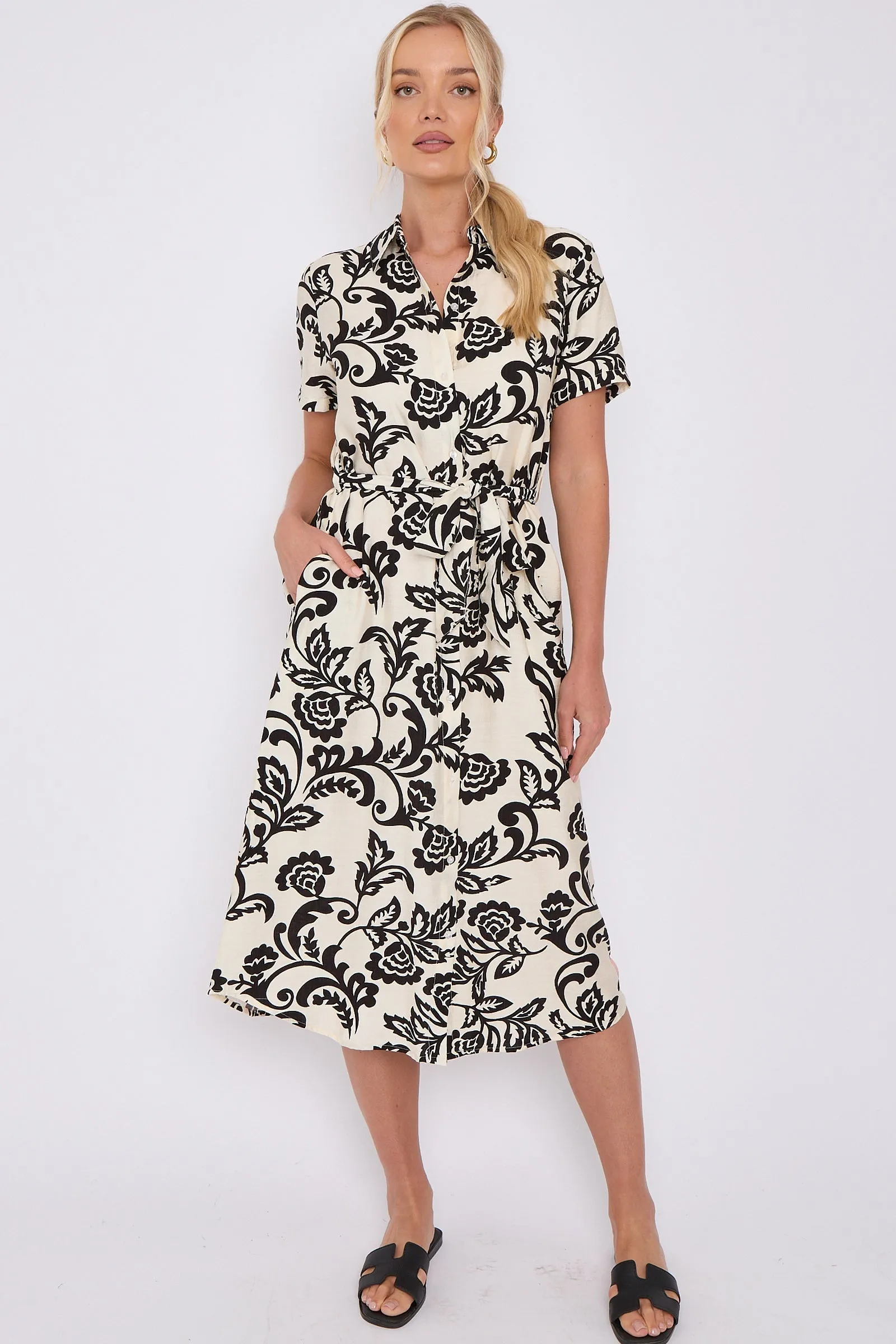 Black Floral Print Short Sleeve Midi Shirt Dress by LOVE SUNSHINE sold by Goddiva product image thumbnail 3