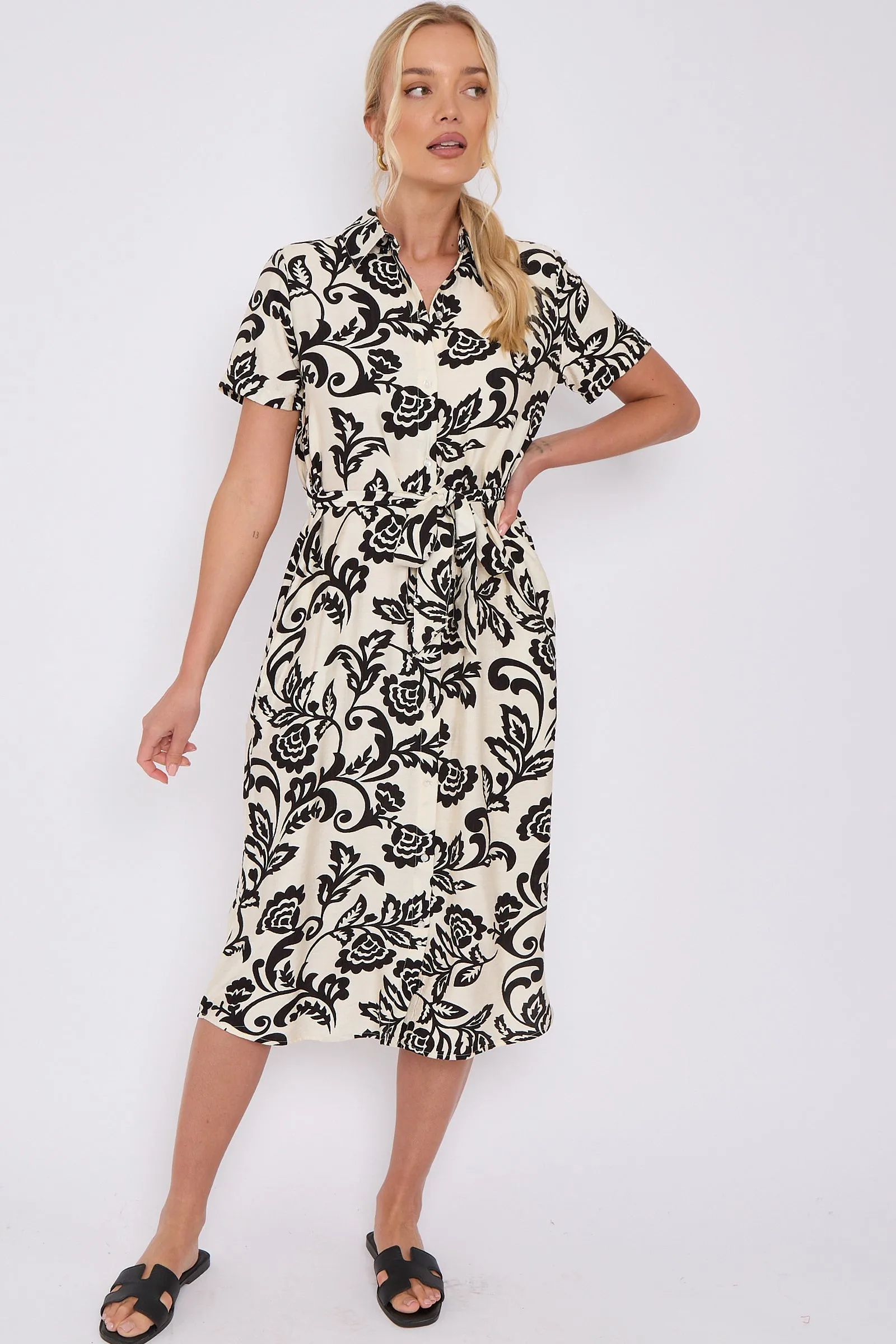 Black Floral Print Short Sleeve Midi Shirt Dress by LOVE SUNSHINE sold by Goddiva product image thumbnail 4