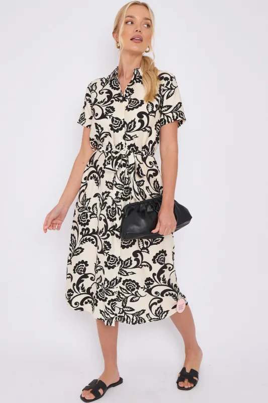 Black Floral Print Short Sleeve Midi Shirt Dress by LOVE SUNSHINE sold by Goddiva