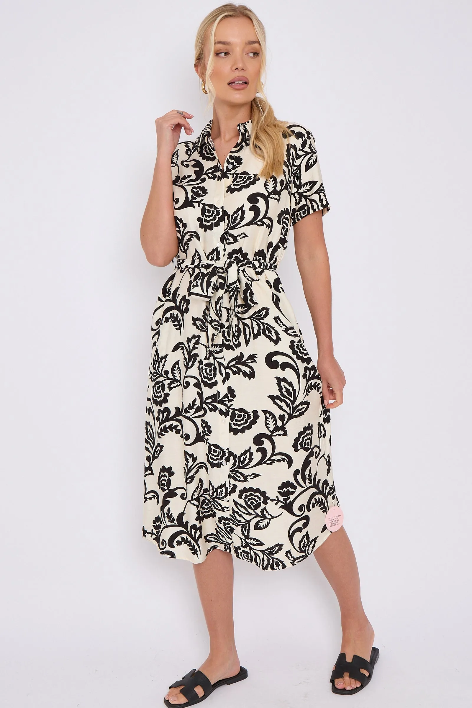 Black Floral Print Short Sleeve Midi Shirt Dress by LOVE SUNSHINE sold by Goddiva product image thumbnail 5