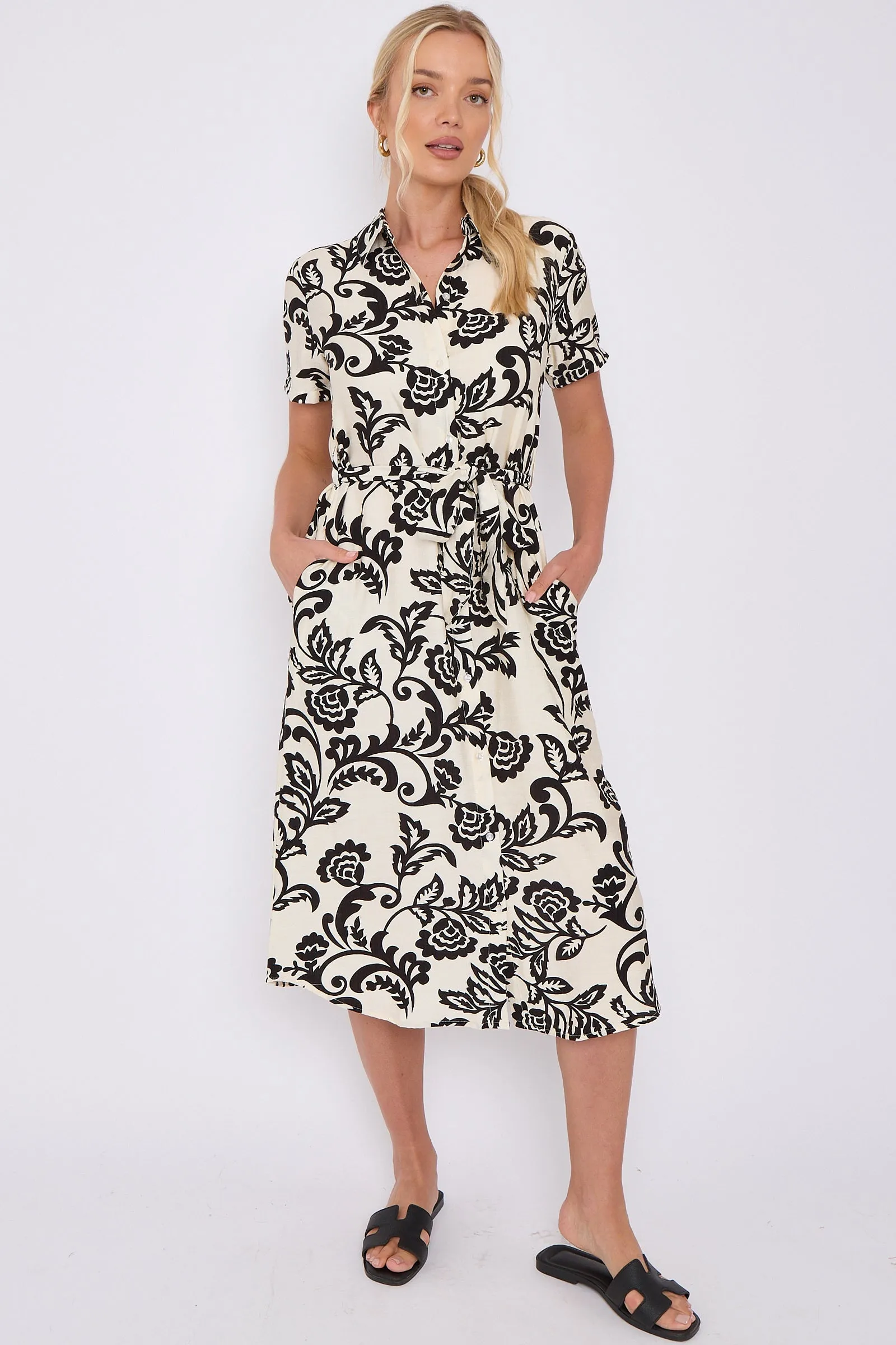 Black Floral Print Short Sleeve Midi Shirt Dress by LOVE SUNSHINE sold by Goddiva product image thumbnail 2