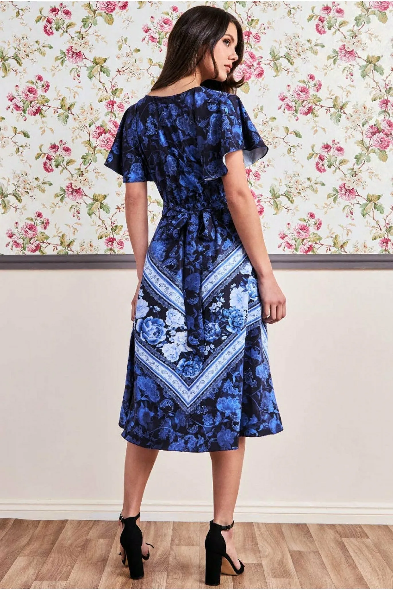 Flutter Sleeve Wrap Style Midi Dress - Navy by Goddiva sold by Goddiva product image thumbnail 2