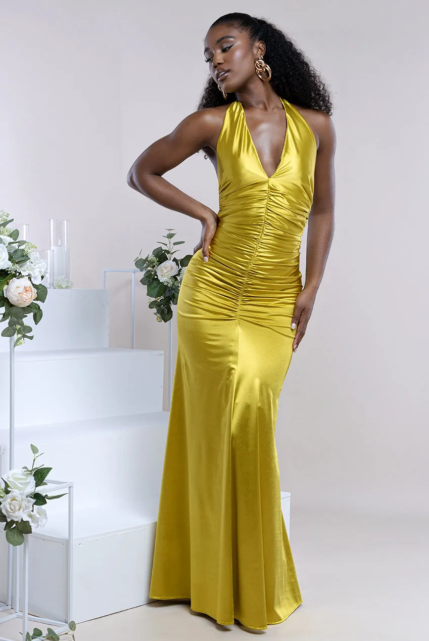 Goddiva Multi-Tied Satin Gathered Ring Maxi Dress - Lime Green sold by Goddiva