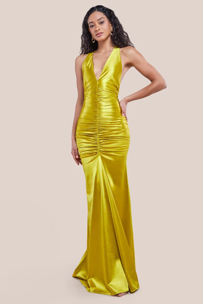 Goddiva Multi-Tied Satin Gathered Ring Maxi Dress - Lime Green sold by Goddiva product image thumbnail 2