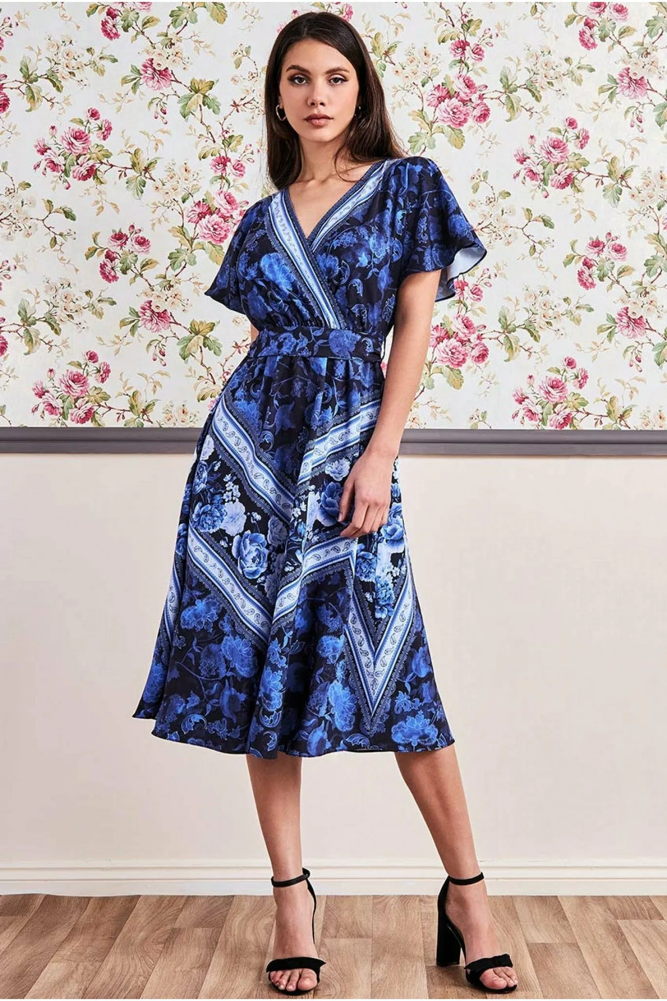 Flutter Sleeve Wrap Style Midi Dress - Navy by Goddiva sold by Goddiva product image thumbnail 3