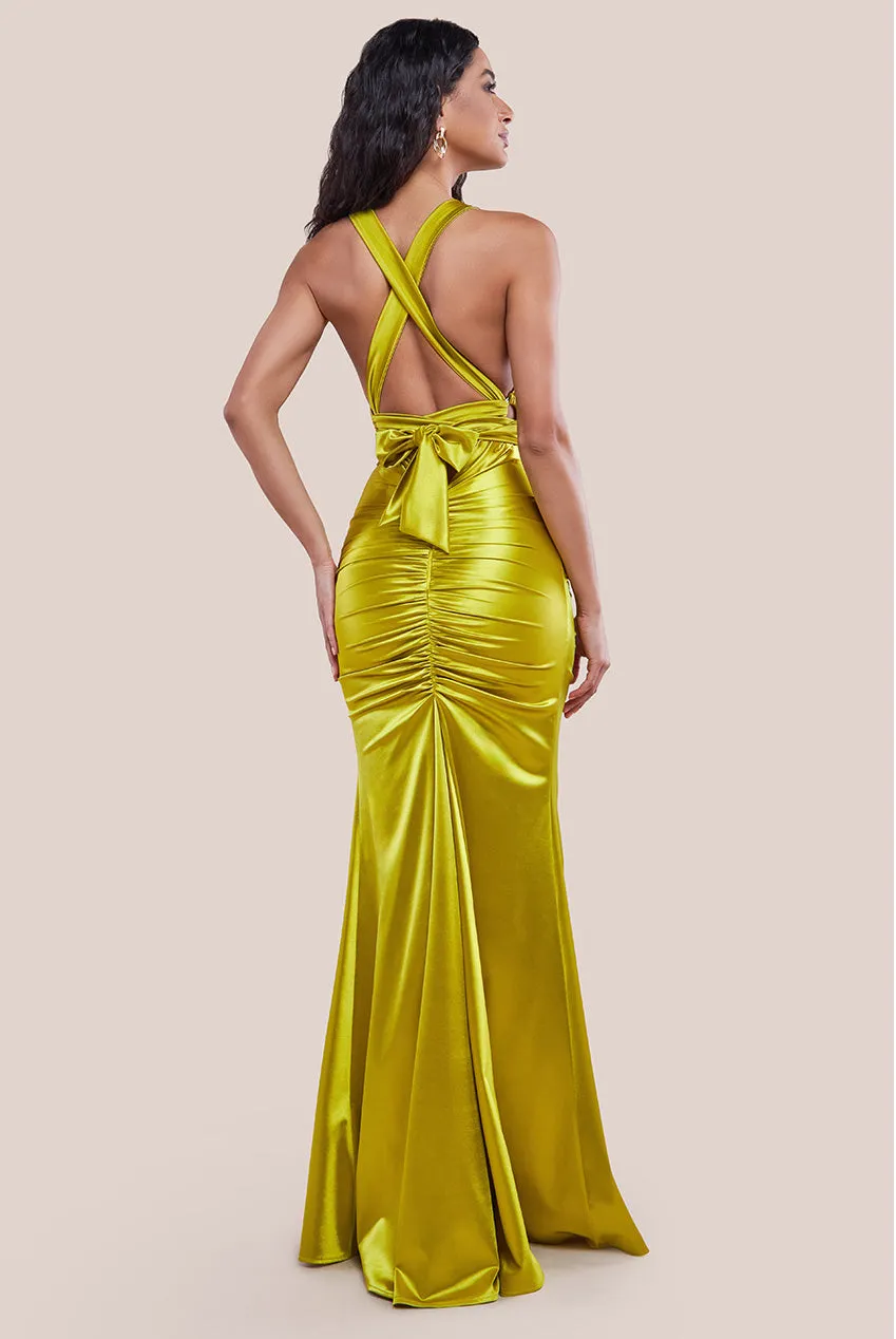 Goddiva Multi-Tied Satin Gathered Ring Maxi Dress - Lime Green sold by Goddiva product image thumbnail 3