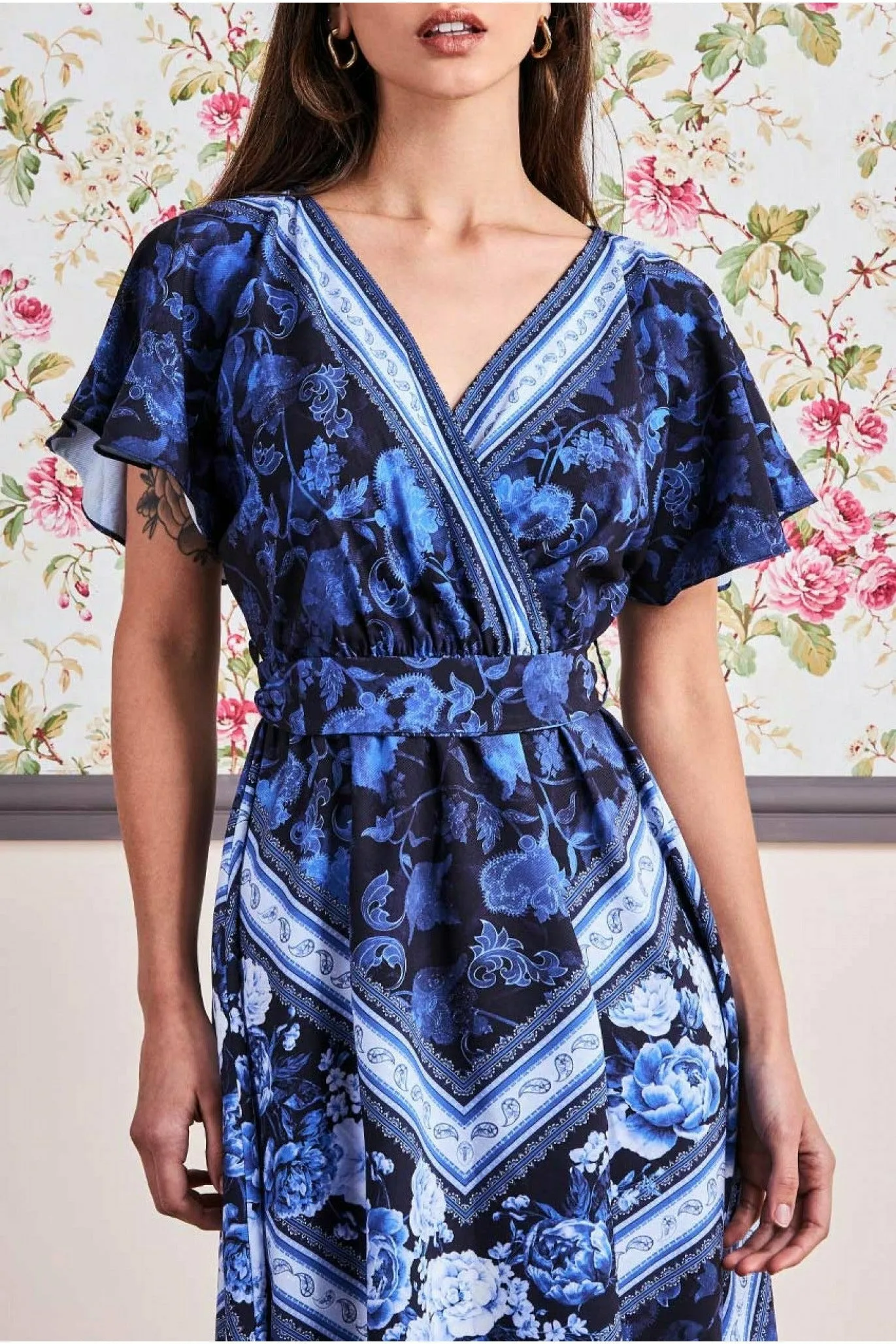 Flutter Sleeve Wrap Style Midi Dress - Navy by Goddiva sold by Goddiva product image thumbnail 4