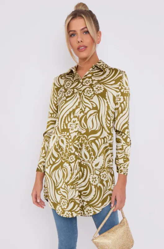 Olive Green Paisley Print Satin Long Shirt by LOVE SUNSHINE sold by Goddiva