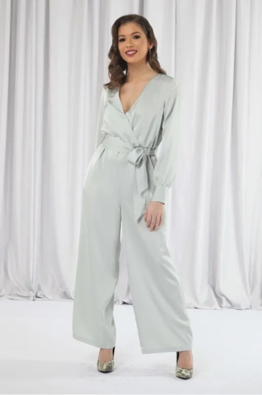 Sage Lux Satin Wrap Jumpsuit by Double Second sold by Goddiva