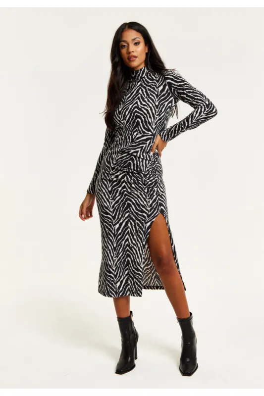 Brushed Knit Mono Zebra Print Midi Dress With Front Slit by Liquorish made by Goddiva