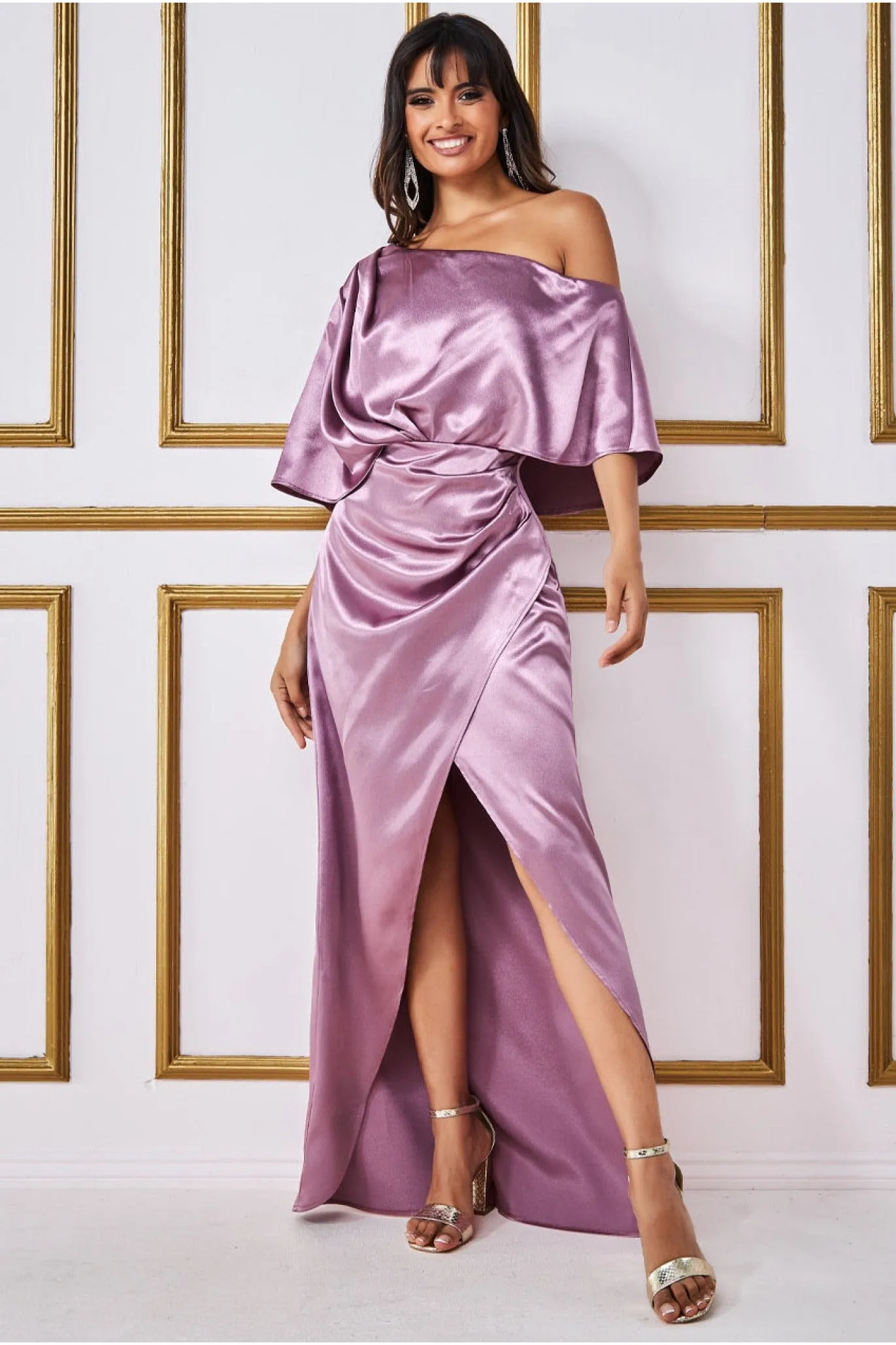 Satin Drape Shoulder Wrap Maxi Dress - Blush by Goddiva sold by Goddiva