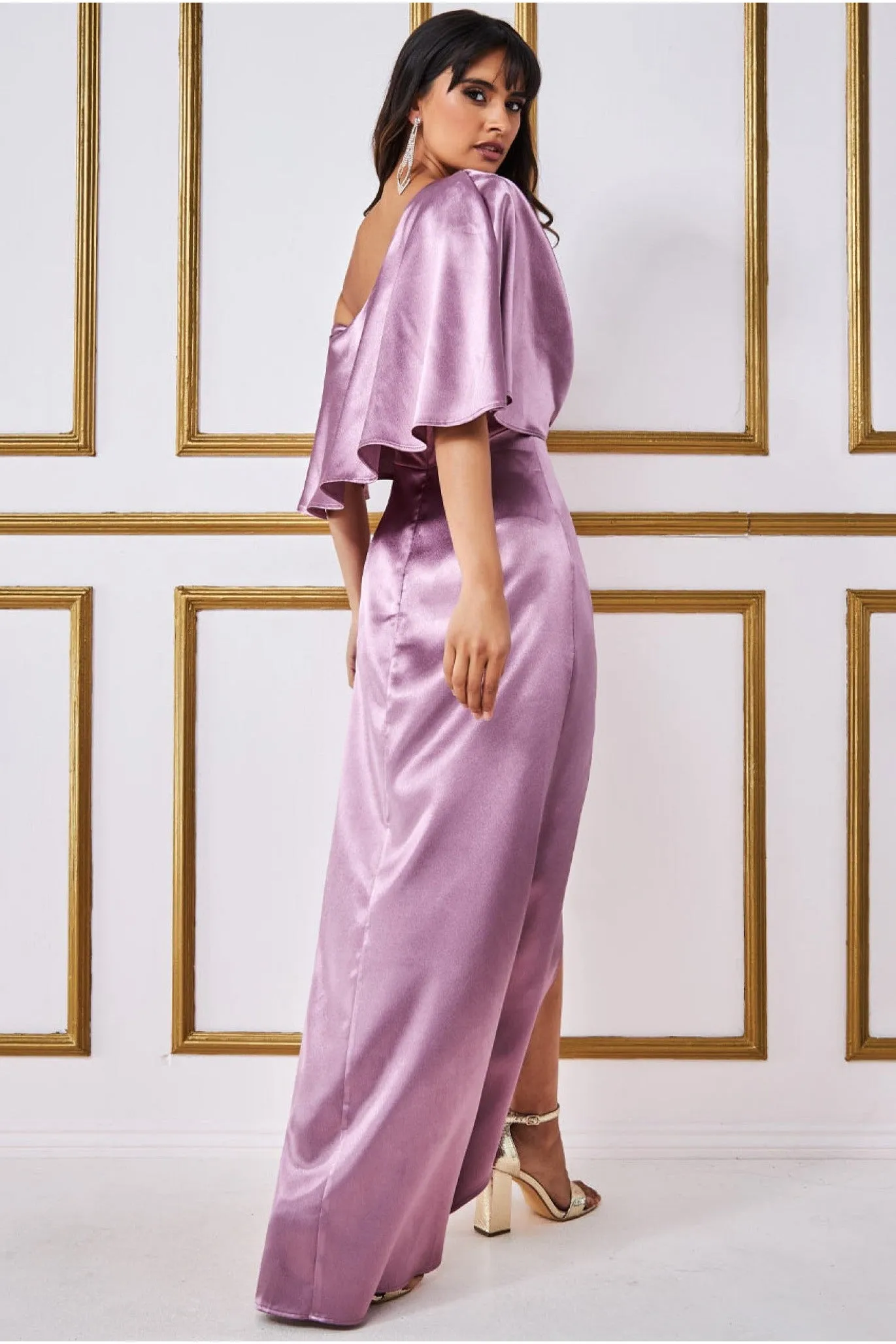 Satin Drape Shoulder Wrap Maxi Dress - Blush by Goddiva sold by Goddiva product image thumbnail 2