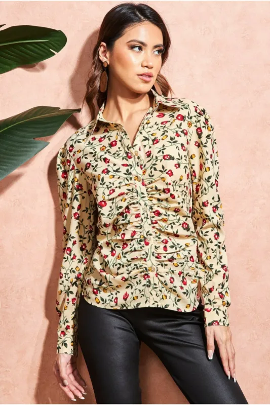 Floral Print Shirt - Beige by City Goddess sold by Goddiva